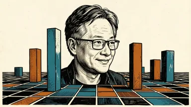 Nvidia CEO Jensen Huang behind a vast network of rising geometric pillars representing massive AI ecosystem investments. Identity photo references adapted into illustration: Photographer: Peter Dasilva (CC BY 4.0; https://creativecommons.org/licenses/by/4.0); source https://commons.wikimedia.org/wiki/File:Jensen_Huang_(cropped)_(2024).jpg