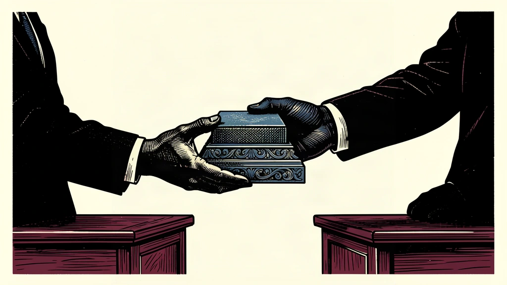 A conceptual illustration of a ministerial handover showing a heavy seal being passed between two silhouetted hands.