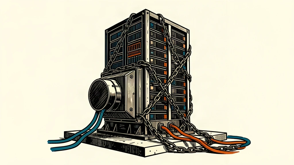 An illustration of a large power transformer connected to a tall server rack which is bound by a heavy chain.