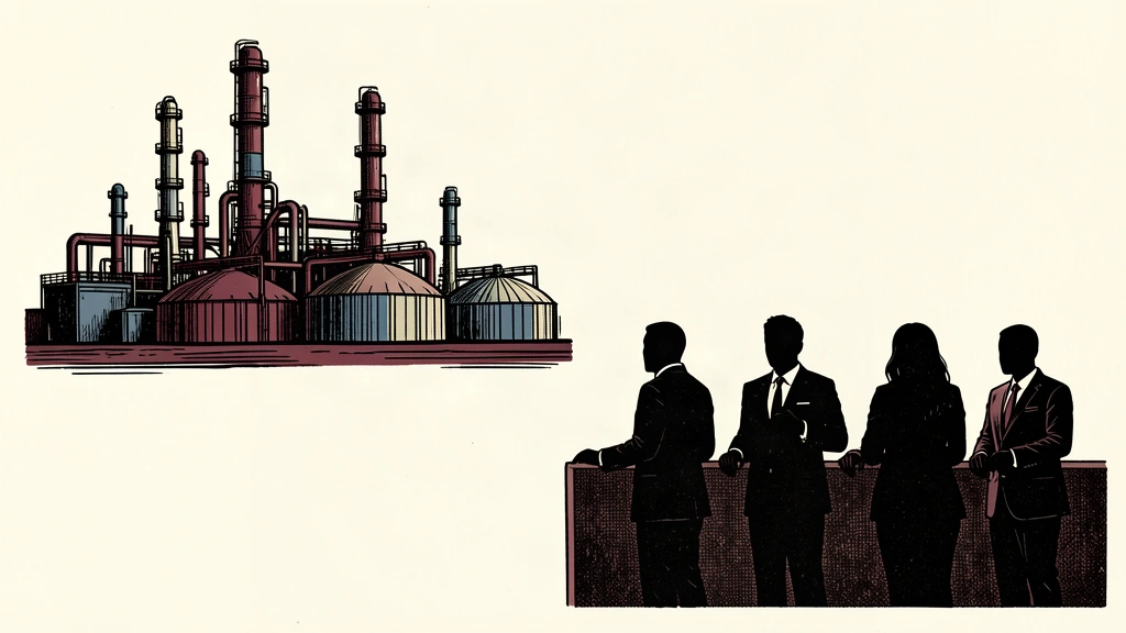 An editorial illustration showing a group of anonymous board members separated from a large oil refinery by a wide physical gap.