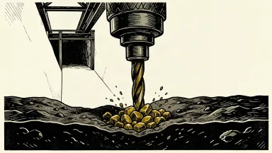 OceanaGold reports high-grade drill results: an industrial drill bit unearthing gold nuggets within a deep rock cross-section near a mine tunnel entrance.