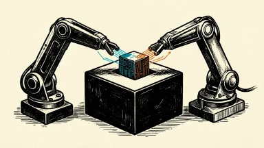 IBM and SAP cloud ERP modernization: mechanical arms assemble a solid digital core on a clean surface.