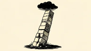 The KBW Bank Index falls for a sixth straight week, shown as a leaning column of blocks with a crack and a shadowing cloud.