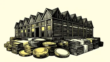 Hyperscale Data strengthening its balance sheet: a large data center building resting on a solid foundation of stacked coins and cash bundles.
