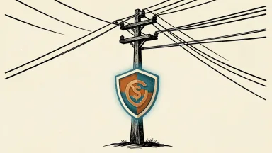 Itron grid reliability solutions: a utility pole with power lines protected by a stylized shield icon.