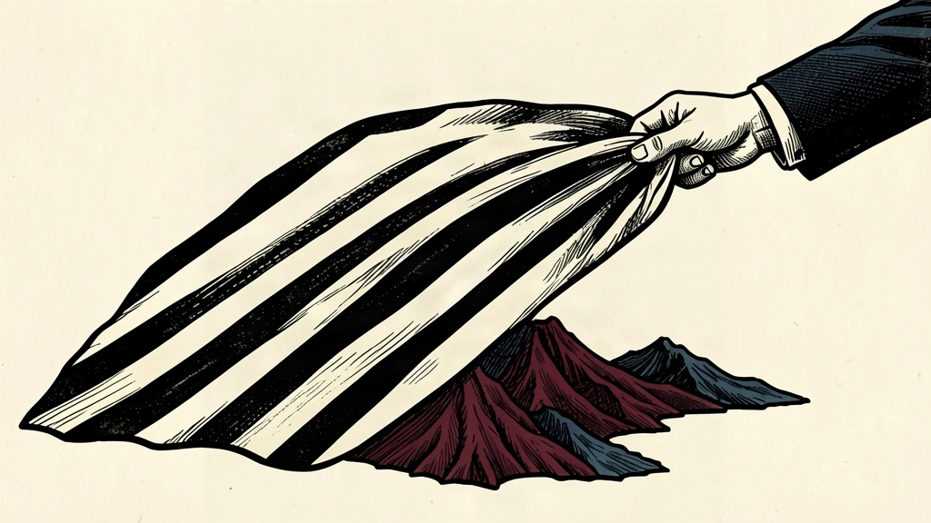 An illustration showing a heavy cloth being lifted from a small island to reveal its distinct coastline.