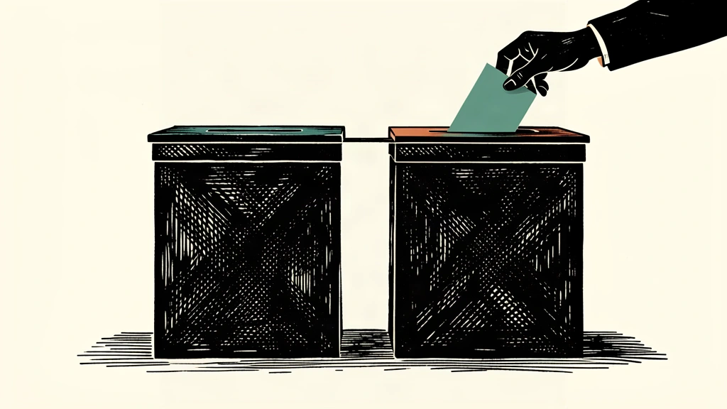 An editorial illustration showing two ballot boxes of nearly equal height, with one slightly higher than the other, as a hand prepares to cast a vote.