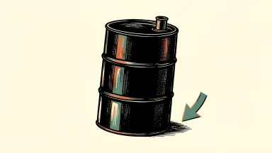 Brent crude oil falls as a barrel is shown with a downward arrow, indicating a price decline.