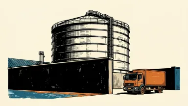 Russia considering LPG export ban: a large fuel storage tank behind a solid barrier wall, with a transport truck stopped in the foreground.