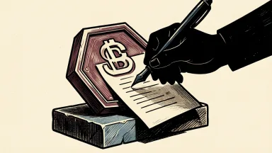 NFT Ltd. direct offering: a digital token on a stone plinth beside a document being signed by a hand.