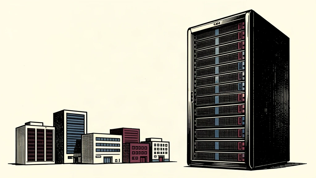 A tall, modern server rack towers over a group of much smaller, traditional office buildings, illustrating the profit margin gap between tech and other industries.