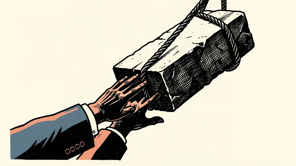 An editorial illustration showing a heavy stone block being pulled upward while hands push down against it, symbolizing the tension between the Fed's rate hike and calls for cuts.
