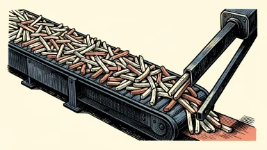 Lamb Weston sales growth guidance: a single french fry is nudged forward at the end of a long industrial conveyor belt filled with fries.