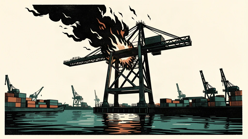An editorial illustration of a port crane damaged by an explosion, with smoke rising into an ivory sky.