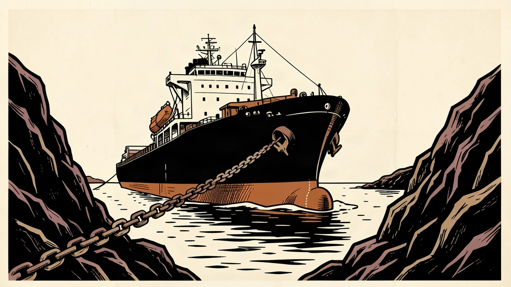 An editorial illustration showing an oil tanker approaching a narrow strait where a heavy chain is being pulled tight across its path.