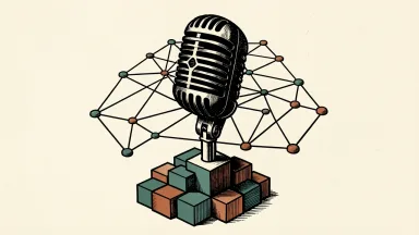 DeFi Development Corp. hosting a recap and AMA: a large microphone stands amidst a network of digital nodes and stacked geometric blocks.