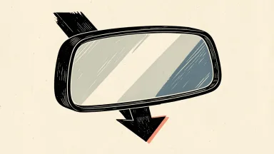 Gentex stock facing a downgrade: a large rearview mirror is positioned above a heavy downward-pointing arrow.
