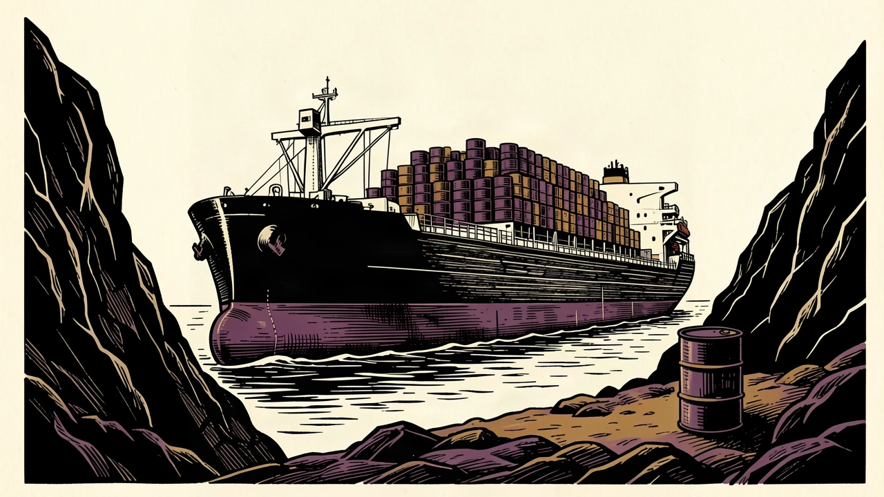 US oil sanctions on Iran: a massive tanker loaded with barrels passes through a narrow strait while a single barrel remains on the shore.