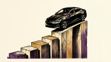 Tesla vehicle deliveries beating expectations: an electric sedan sits atop a rising stone pedestal that towers over lower blocks.