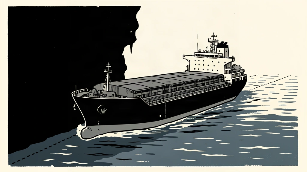 An editorial illustration showing a cargo ship entering a narrow waterway closely bordered by a dark, looming coastline.