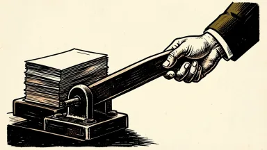 Cox Enterprises suspends share repurchases from Charter Communications: a hand in a suit sleeve locks a heavy industrial lever with a metal pin, halting a stack of share certificates.