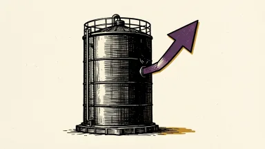 Eastman Chemical represented by a chemical tank with a financial arrow pointing to its side as a price target.