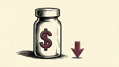 Amgen price target lowered, shown by a pill bottle with a downward arrow.