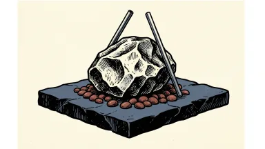 Collective Mining's silver-tungsten discovery shown as a silver nugget with a tungsten rod and copper pebbles on stone.