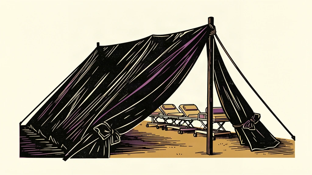 An editorial illustration showing a medical tent flap held open by a taut rope, symbolizing the sustained effort needed to maintain early improvements in an outbreak response.