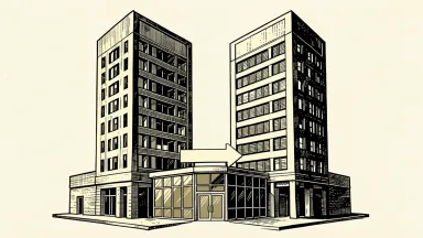 Appio leads two connected corporate towers sharing one entrance with a dual-direction arrow sign.