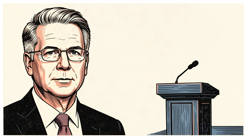 An editorial illustration showing Scott Bessent looking toward an empty, silenced campaign podium. Identity photo references adapted into illustration: United States Department of the Treasury (Public domain; https://commons.wikimedia.org/wiki/File:Official_portrait_of_Treasury_Secretary_Scott_Bessent.jpg); source https://commons.wikimedia.org/wiki/File:Official_portrait_of_Treasury_Secretary_Scott_Bessent.jpg