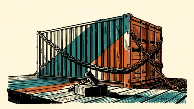 Alibaba facing a securities fraud lawsuit: a shipping container is bound by a heavy iron chain next to a large legal gavel.