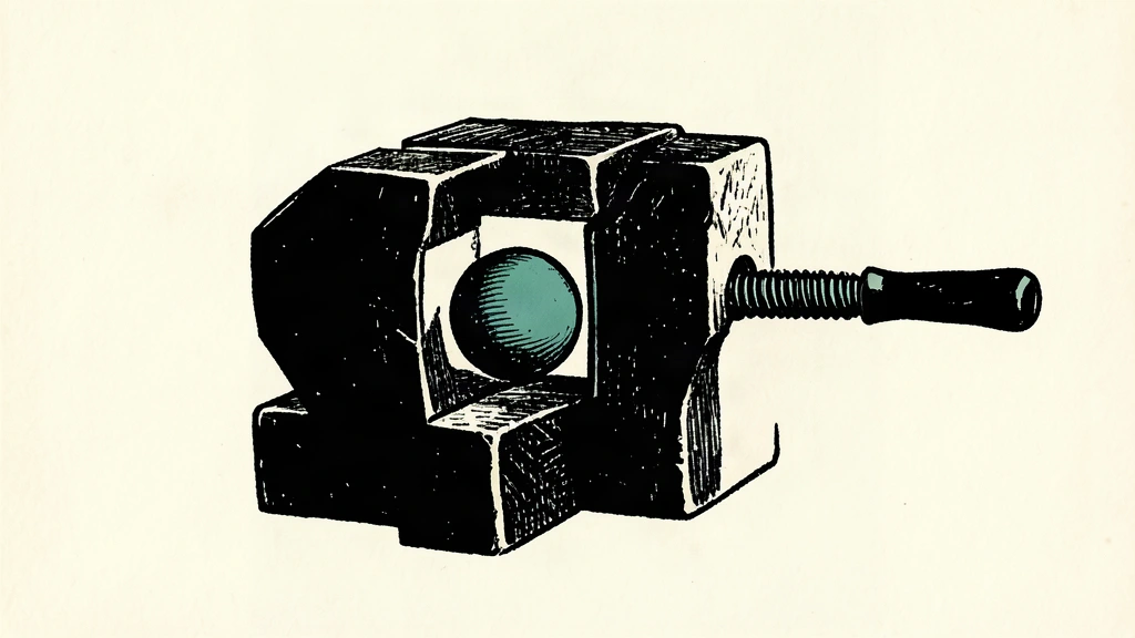 A linocut illustration of a wooden vise tightening its grip on a soft sphere, symbolizing the pressure of rising interest rates on inflation.