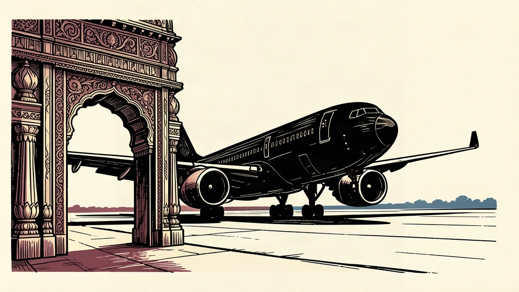 An editorial illustration showing a large aircraft taxiing behind a traditional Indian stone archway, symbolizing a diplomatic arrival.