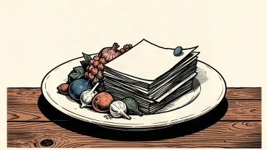 Darden Restaurants profit under pressure from rising costs: a dinner plate tipped by a heavy pile of food and ledgers while a single coin slides away.