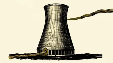 Vistra nuclear plant upgrades: a large cooling tower being reinforced by a heavy power cable connected to its base.