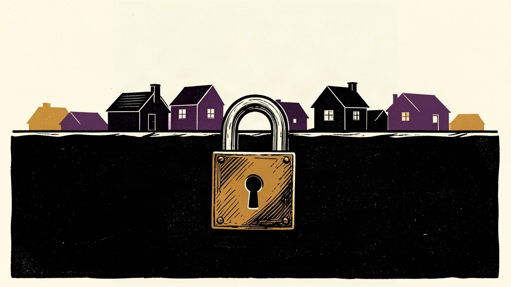 A conceptual illustration showing a heavy black wall with a large padlock clamped to its top, blocking access to a distant cluster of small houses.