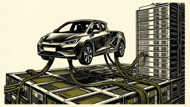 Tesla secures credit for AI and robotaxi expansion: a sleek vehicle chassis being lowered onto a foundation of server racks and semiconductor wafers.
