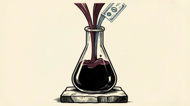 Vaxcyte raising $1.5 billion in capital: three streams of liquid pour into a large laboratory flask on a stone base.