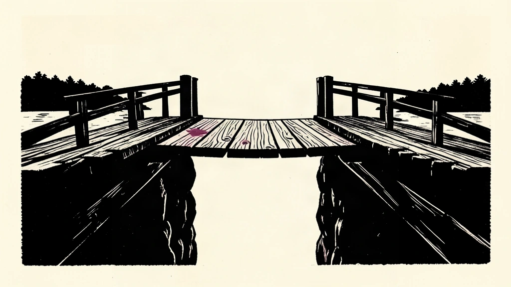 A conceptual linocut of a wooden bridge with a missing middle section where one side has stopped extending toward the other.