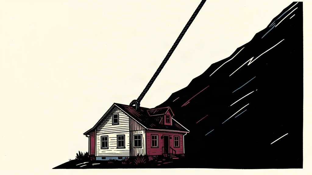 A conceptual illustration of a small house being pulled upward by a heavy, taut cable, representing the rising pressure of mortgage rates.
