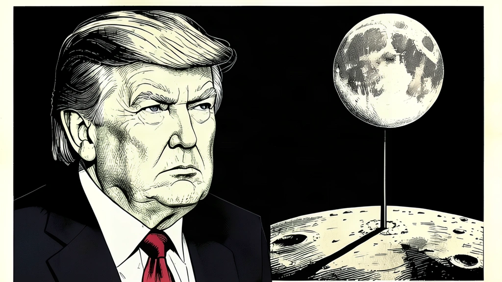 An editorial illustration showing a portrait of Donald Trump looking toward the moon where a single vertical staff is planted. Identity photo references adapted into illustration: Daniel Torok (Public domain; https://commons.wikimedia.org/wiki/File:Official_Presidential_Portrait_of_President_Donald_J._Trump_(2025).jpg); source https://commons.wikimedia.org/wiki/File:Official_Presidential_Portrait_of_President_Donald_J._Trump_(2025).jpg
