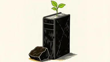 Scholastic maintains its long-term growth outlook despite a quarterly loss: a heavy stone rests on a book while a small sapling grows from its spine.