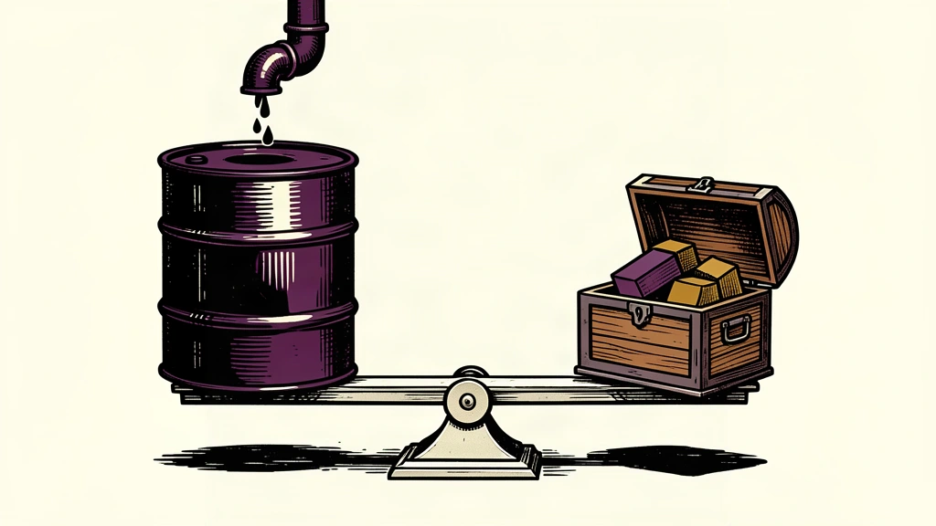An editorial illustration showing a heavy oil barrel on a scale balancing a chest being filled with blocks, representing budget replenishment based on oil revenue.