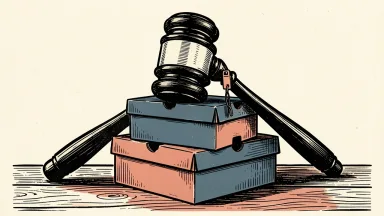 DICK's Sporting Goods facing a securities fraud lawsuit: a large gavel rests on a stack of retail shoeboxes.