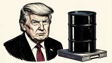Donald Trump predicts a decline in oil prices: a portrait of Trump beside a descending oil barrel. Identity photo references adapted into illustration: Daniel Torok (Public domain; https://commons.wikimedia.org/wiki/File:Official_Presidential_Portrait_of_President_Donald_J._Trump_(2025).jpg); source https://commons.wikimedia.org/wiki/File:Official_Presidential_Portrait_of_President_Donald_J._Trump_(2025).jpg