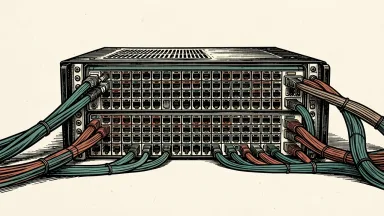 Nvidia and Cisco hardware for AI clusters: a network switch densely packed with USFP optic modules and fiber optic cables.