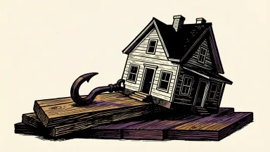 Better Home & Finance facing a securities fraud class action: a stylized house tilts as a foundation plank is pulled away by a large iron hook.