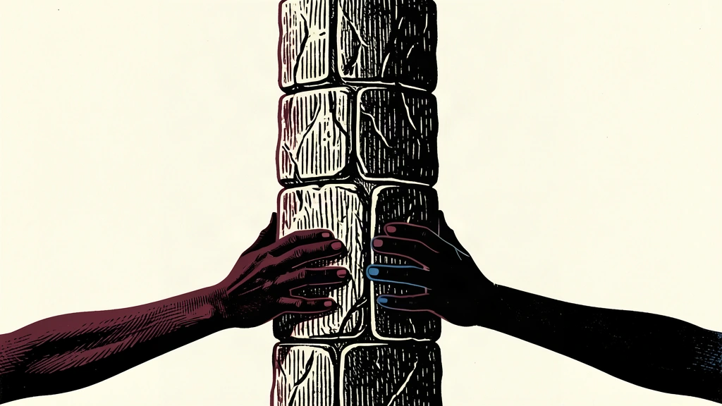 An editorial illustration showing a large stone pillar being held at the base by two pairs of hands, symbolizing a long-term commitment.