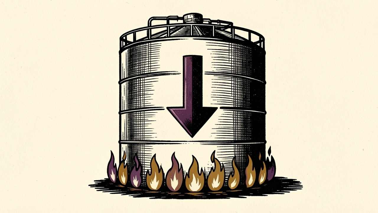 Natural gas futures fall as a storage tank with a downward arrow and weak flames represents the decline.